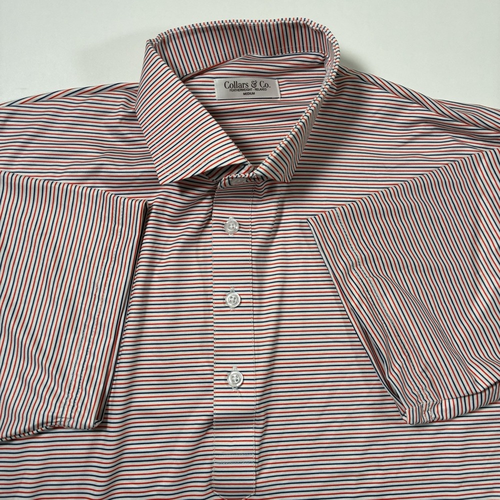 NEW Collars and Co. Dress Polo Shirt Medium Featherweight Relaxed Red Striped